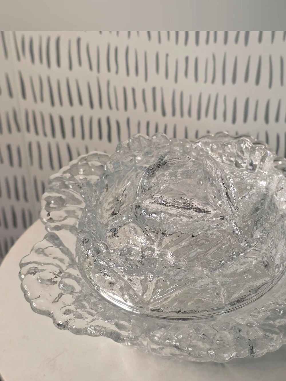 Vintage Clear Glass Cabbage Leaf Bowl with Lid Pressed Glass